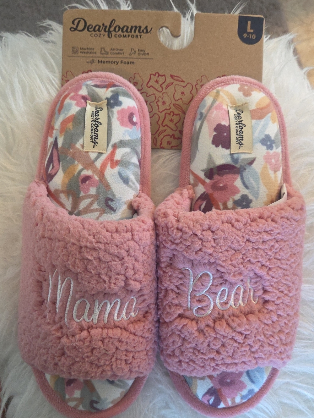 dearfoams Pink Floral Mama Bear Women's Cozy Slide Slippers